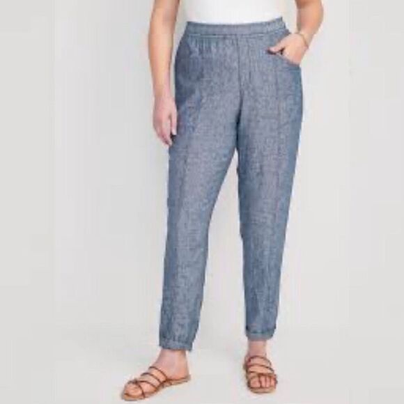 Old Navy 3X High-Waisted Chambray Cropped Linen-Blend Tapered Pants - Picture 3 of 8